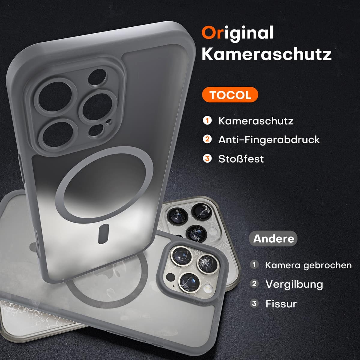 TOCOL 3 în 1 pentru iPhone 16 Pro Husă Magsafe, cu 2 Sticle Protecție, Protecție Cameră Magnetică Rezistentă Șocuri pentru iPhone 16 Pro, Gri