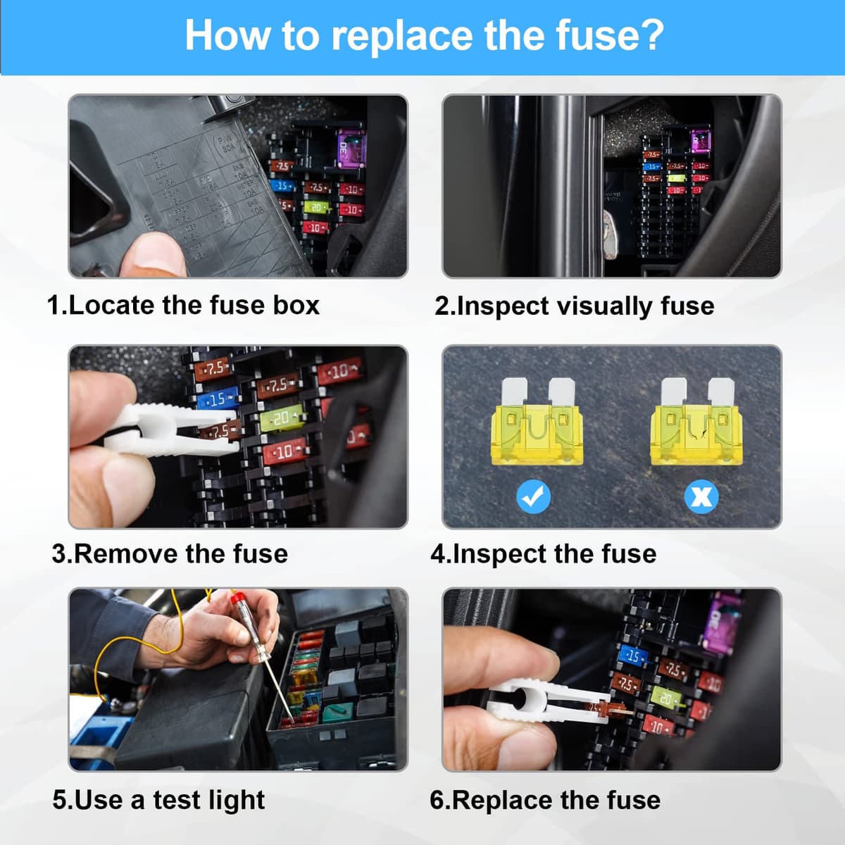 JOREST Kit siguranțe auto - 100buc 12v siguranțe mini + 1 clemă - pentru mașină/caravană/motocicletă (2A 3A 5A 7.5A 10A 15A 20A 25A 30A 35A 40A)