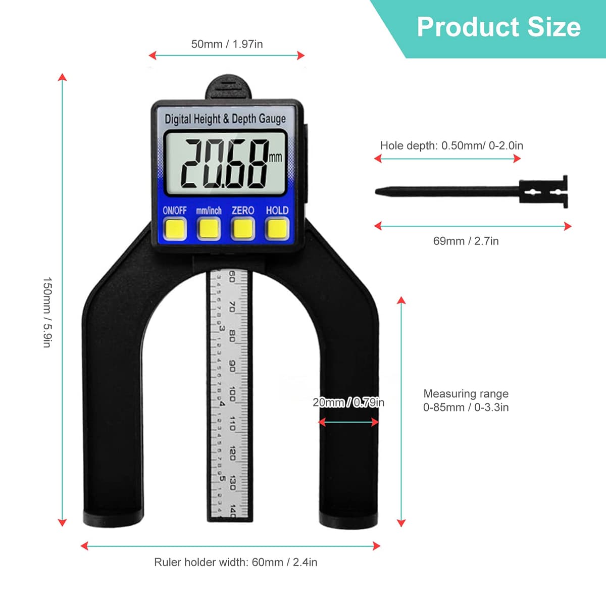 Calibru digital de adâncime RUIZHI cu display LCD pentru prelucrarea lemnului – negru