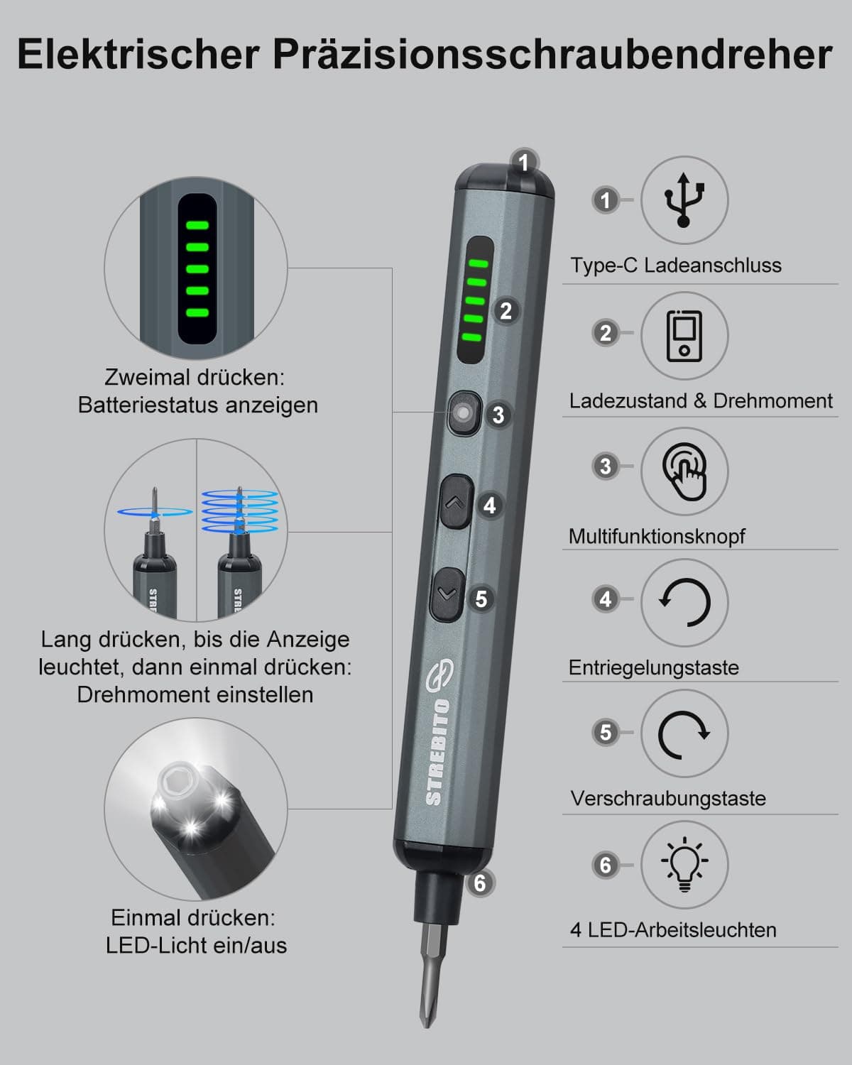 STREBITO set șurubelniță electrică mini 70-în-1 fără fir - 64 vârfuri S2, 5 setări cuplu, 4 LED-uri