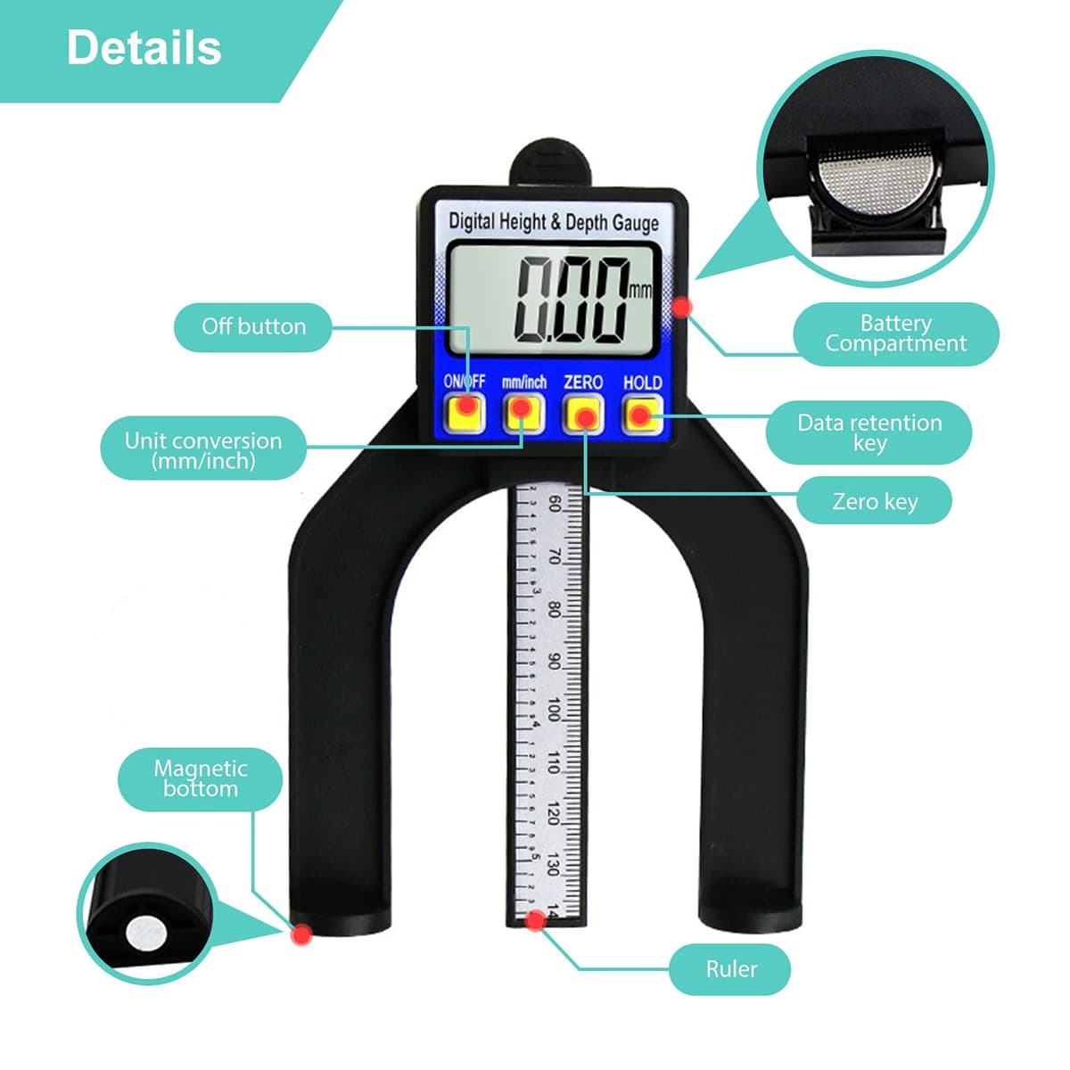 Calibru digital de adâncime RUIZHI cu display LCD pentru prelucrarea lemnului – negru