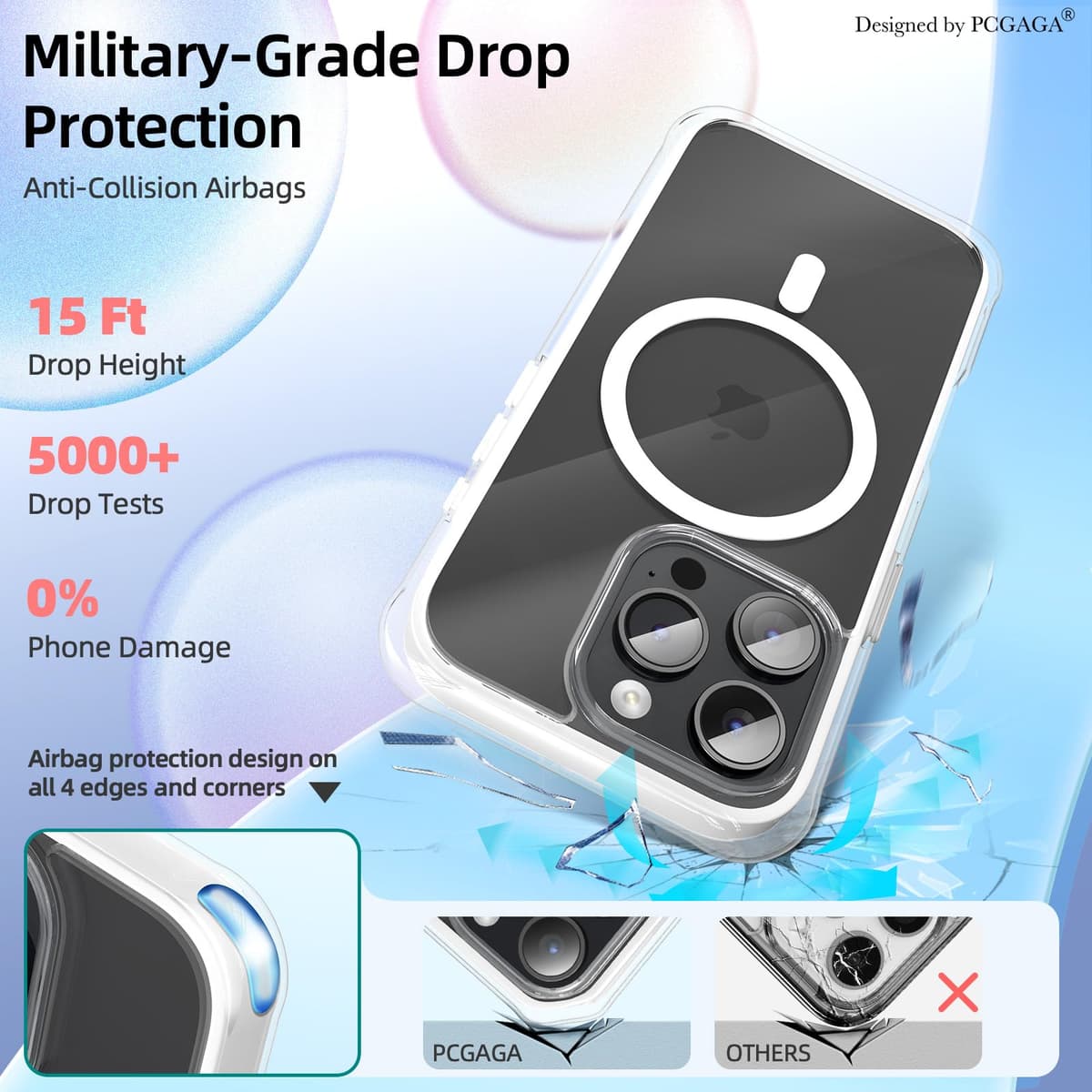 pcgaga husă iPhone 16 Pro Max (2024), compatibilă MagSafe, protecție militară airbag-uri alb