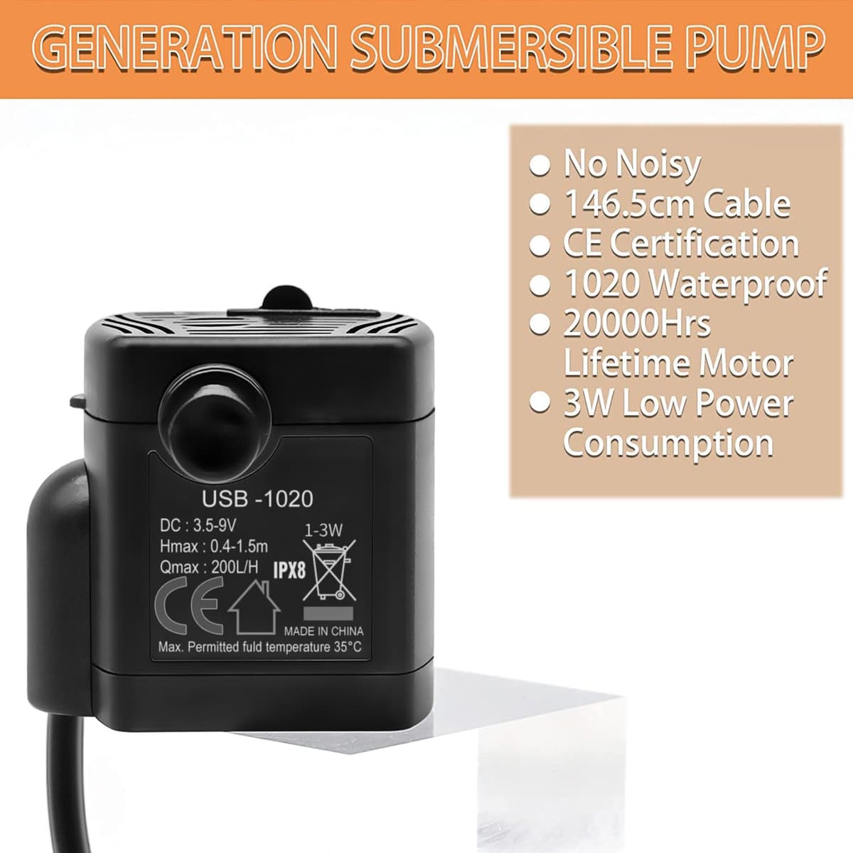 Pompă mini apă USB 1-3W 200L/H pentru acvarii iazuri plantatoare mini