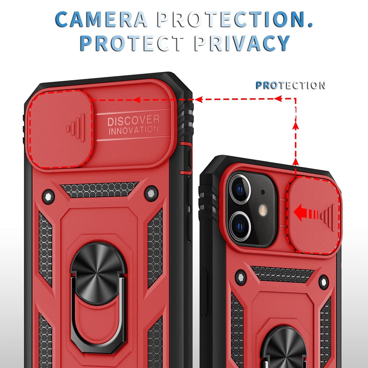 Whyzshiyi husă iPhone 11 cu protecție cameră, husă protectoare militară anti-șoc cu suport inel - roșu