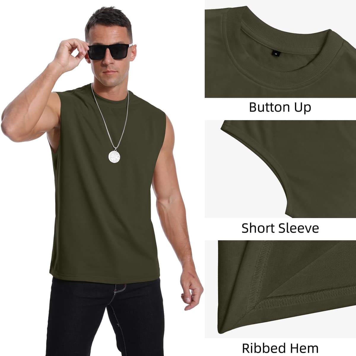 Maiou casual bărbați fără mâneci 100% poliester – Verde militar L