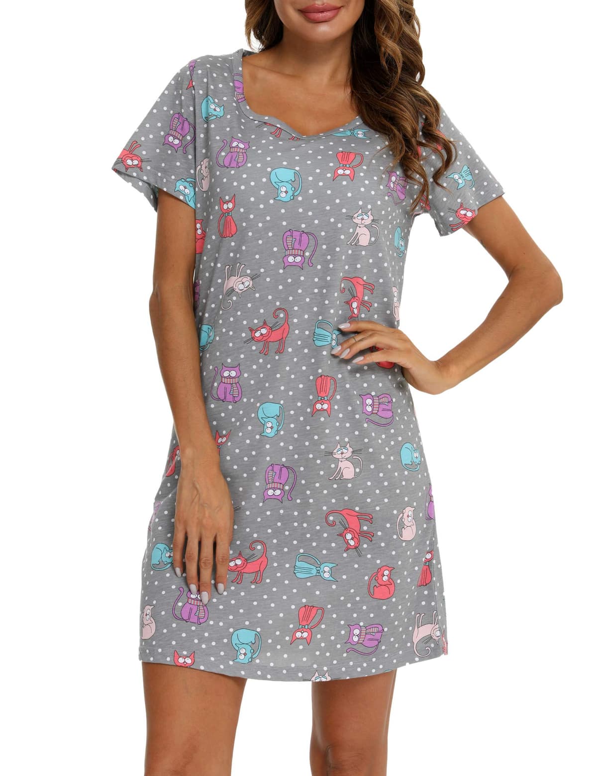 Cămașă de noapte din bumbac cu mâneci scurte pentru femei, moale de vară - pisică gri Large