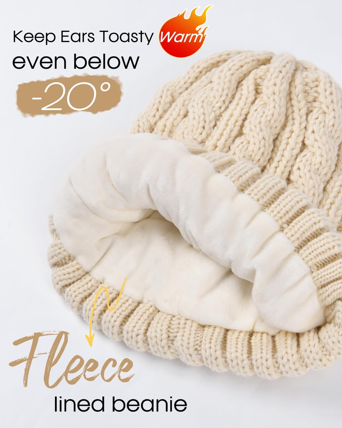 Set căciulă, fular și mănuși de iarnă pentru femei, căptușite cu fleece - bej