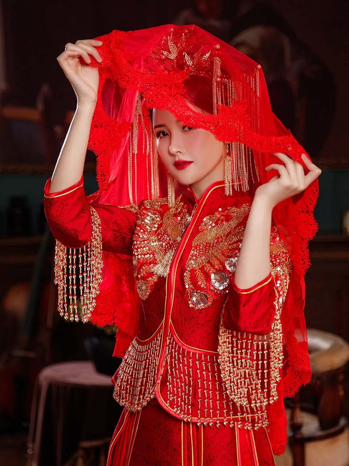 Batic de mireasă roșu clasic voal de nuntă accesorii din dantelă - roșu