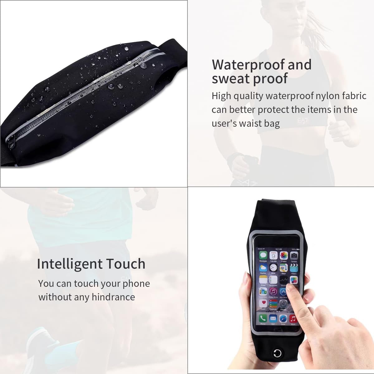 Centură alergare jogging - buzunar telefon reglabil cu touchscreen - centură sport exterior fitness negru până 5.5"