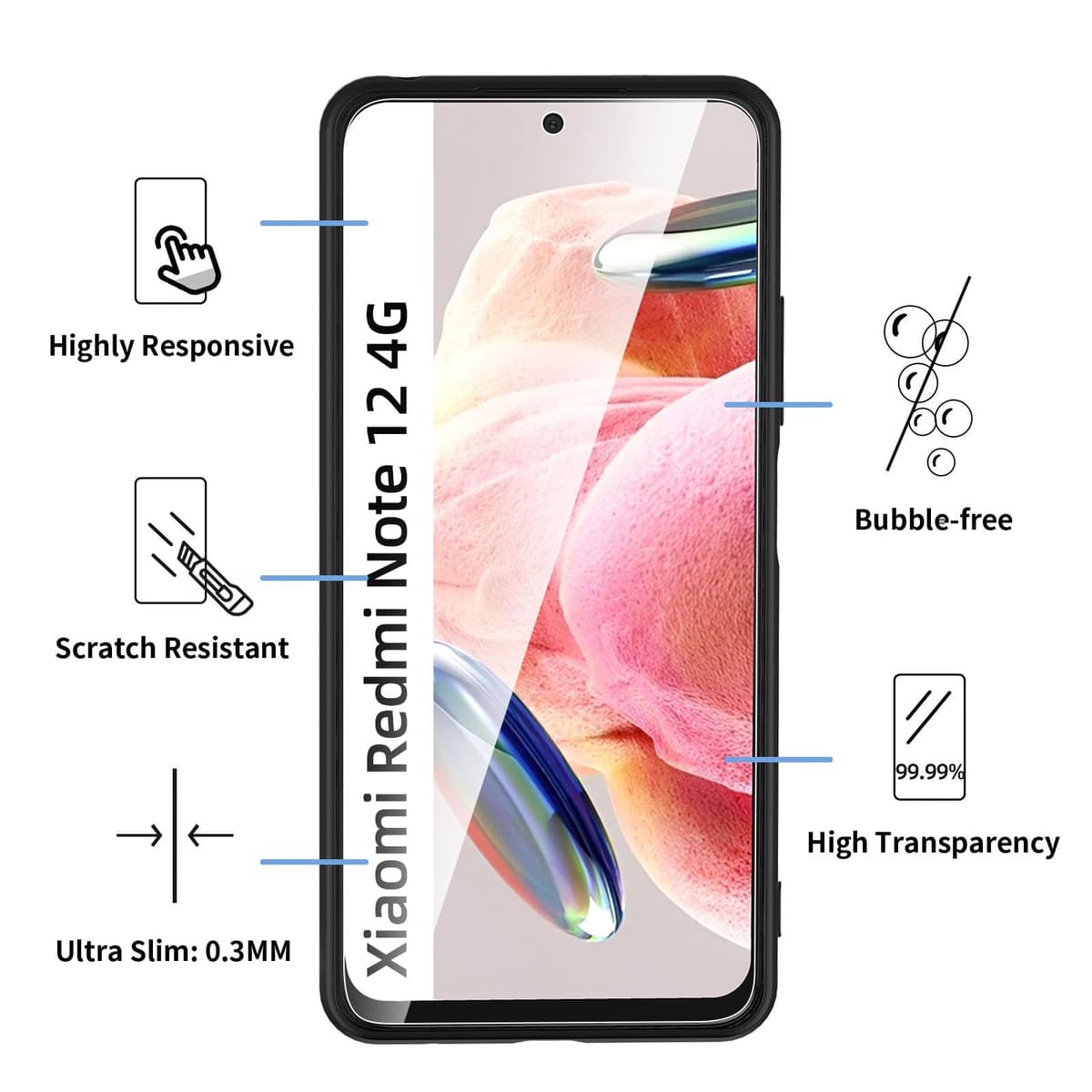 NEW'C husă Xiaomi Redmi Note 12 4G silicon negru ultra subțire și 2× sticlă călită Redmi Note 12 4G