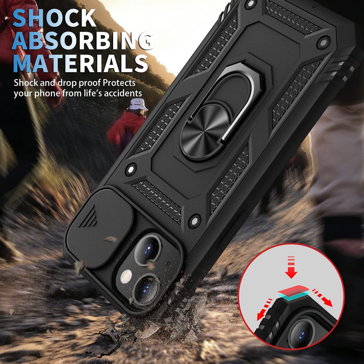 Whyzshiyi husă iPhone 14 cu protecție cameră, husă protectoare militară anti-șoc cu suport inel - negru