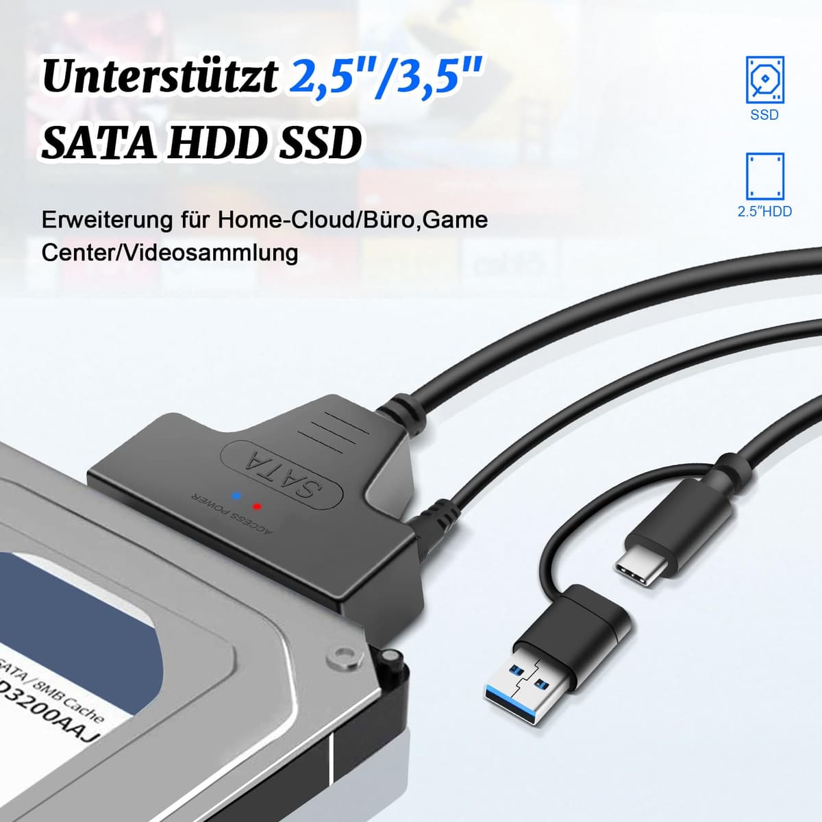 Adaptor Wowfast SATA USB, pentru HDD externe și interne 2.5 & 3.5 SSD/HDD SATA la USB cu alimentare 12V 2A