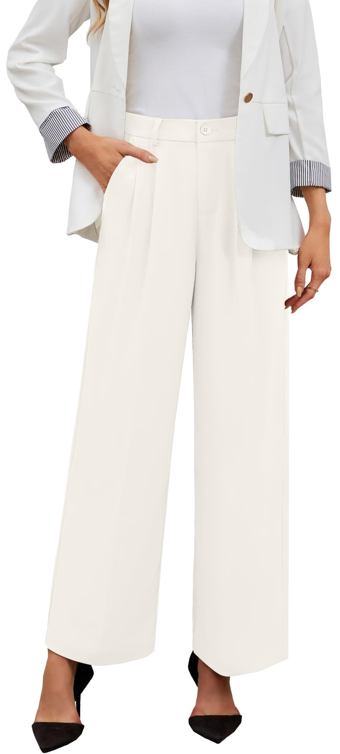 Pantaloni largi talie înaltă casual vară femei cu buzunare – bej S