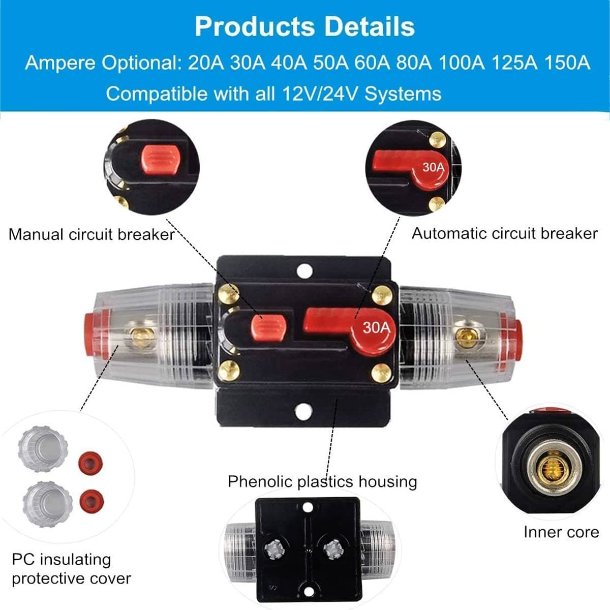 Greluma siguranță circuit 30A resetabilă 12V-24V DC cu reset manual pentru auto marine