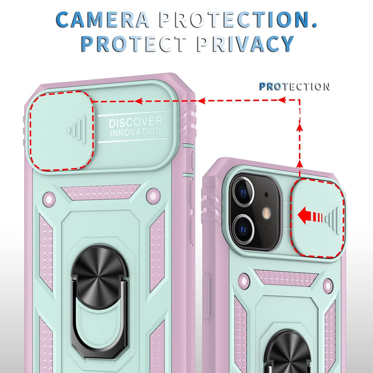 Whyzshiyi husă iPhone 12 cu protecție cameră capac glisant, husă militară anti-șoc cu suport inel - roz