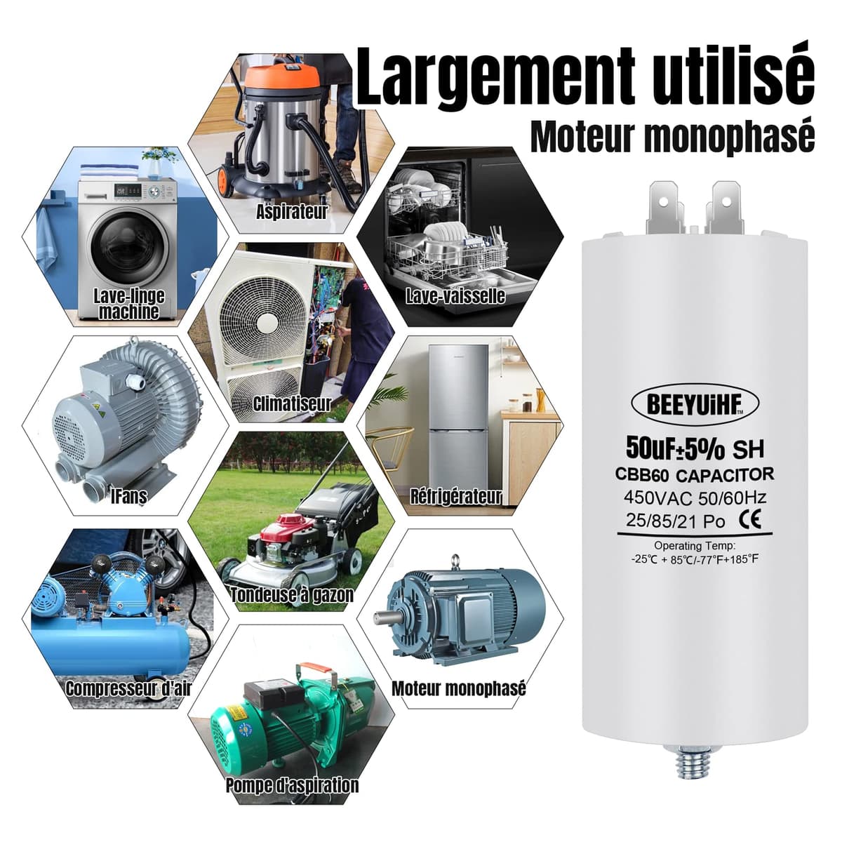 BEEYUIHF Condensator Pornire 50µF 50x108mm 50/60Hz 450VAC cu Șurub M8 Motor Electric CBB60