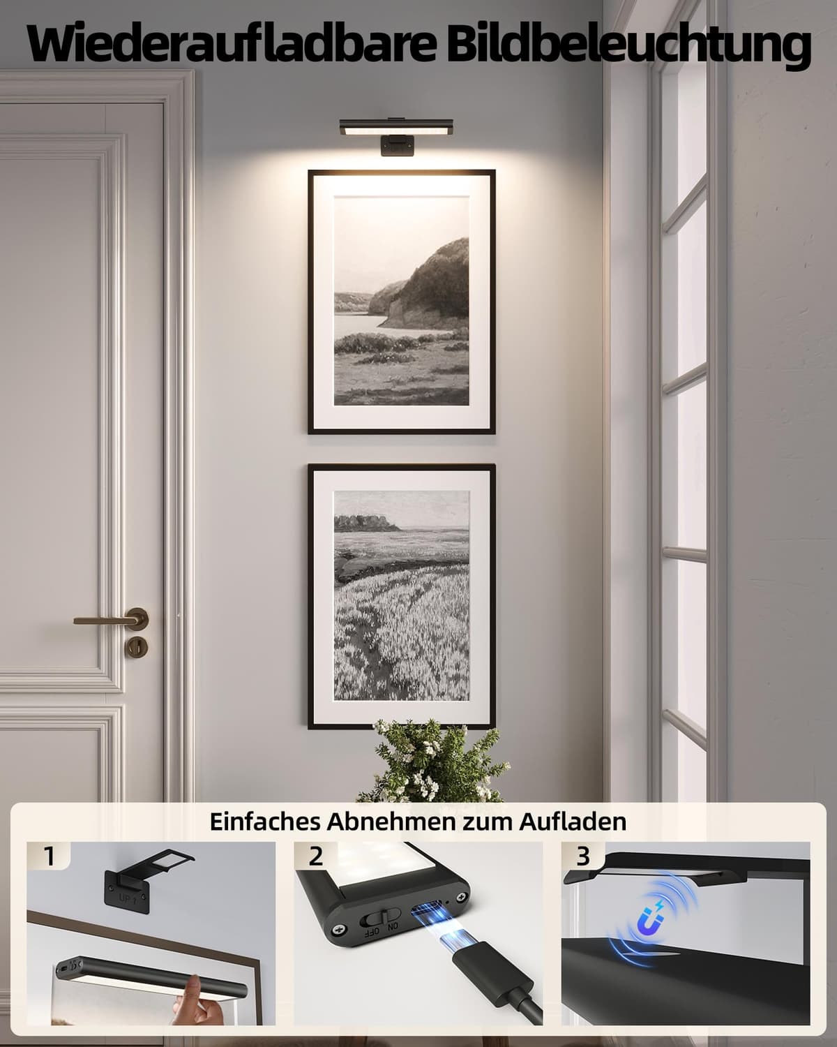 Iluminat wireless tablouri aplică interior calitate muzeu – negru 1 bucată