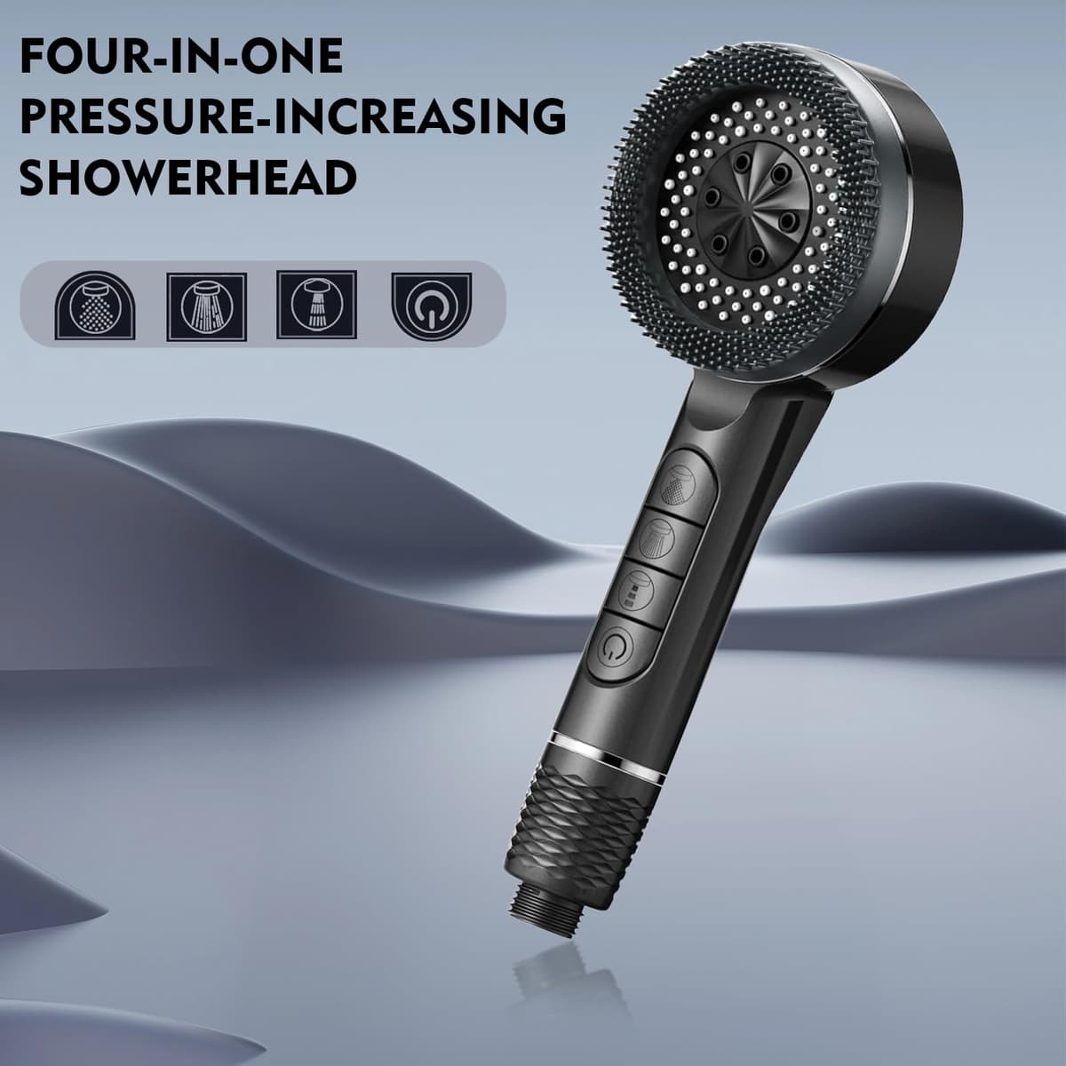 Cap de duș cu filtru și furtun, duș manual înaltă presiune cu 4 tipuri jeturi, cap duș economisire apă pentru baie, cu furtun 1.5m, 3 filtre, suport perete, gri cromat