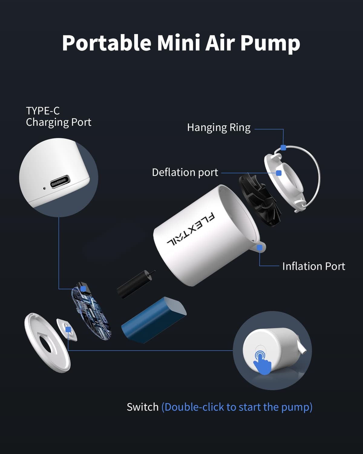 FLEXTAILGEAR Mini Pompă Electrică Aer 4 kPa Reîncărcabilă pentru Umflat Saltele Aer – Alb