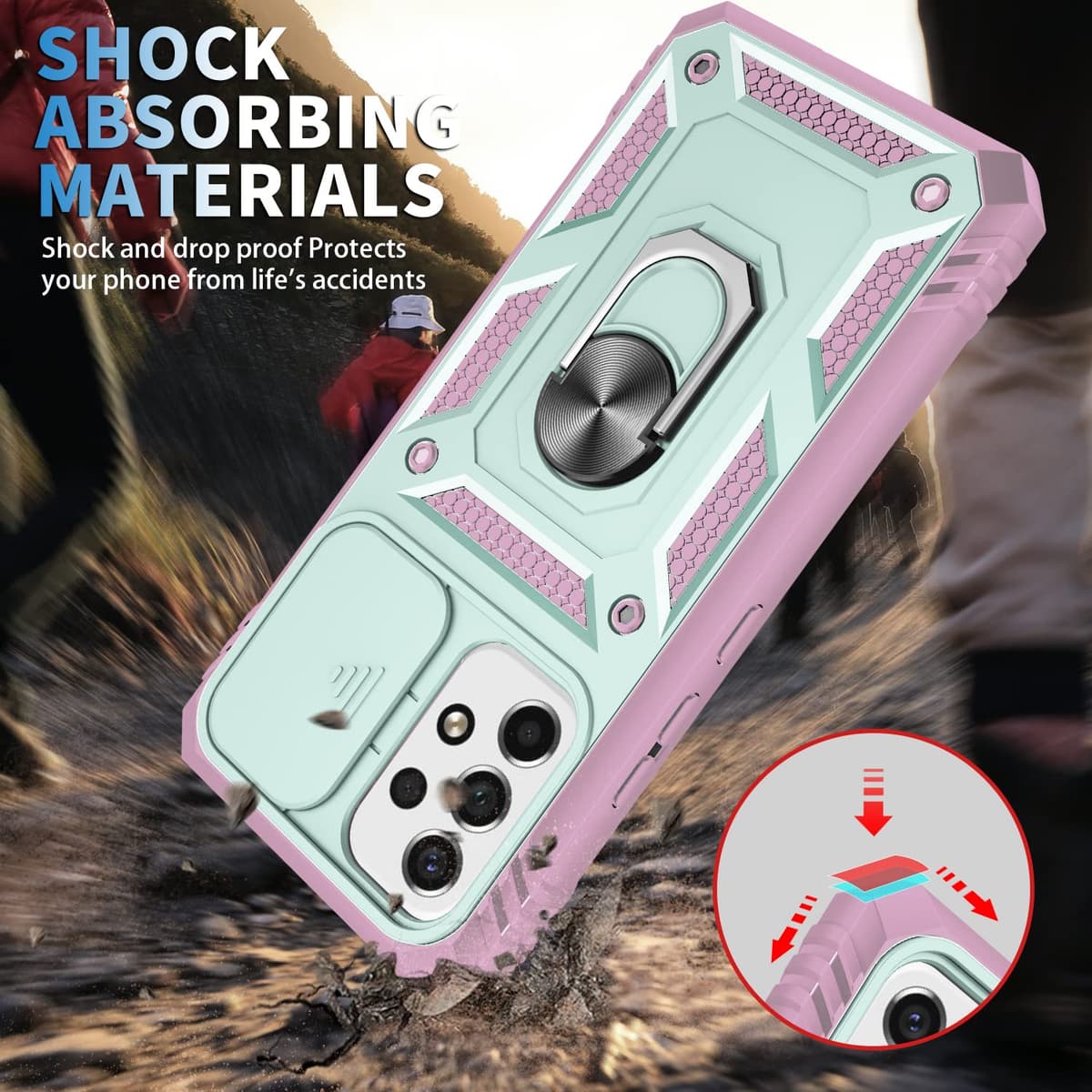 Whyzshiyi husă Samsung Galaxy S21 Ultra cu protecție cameră capac glisant, husă militară cu suport inel - roz