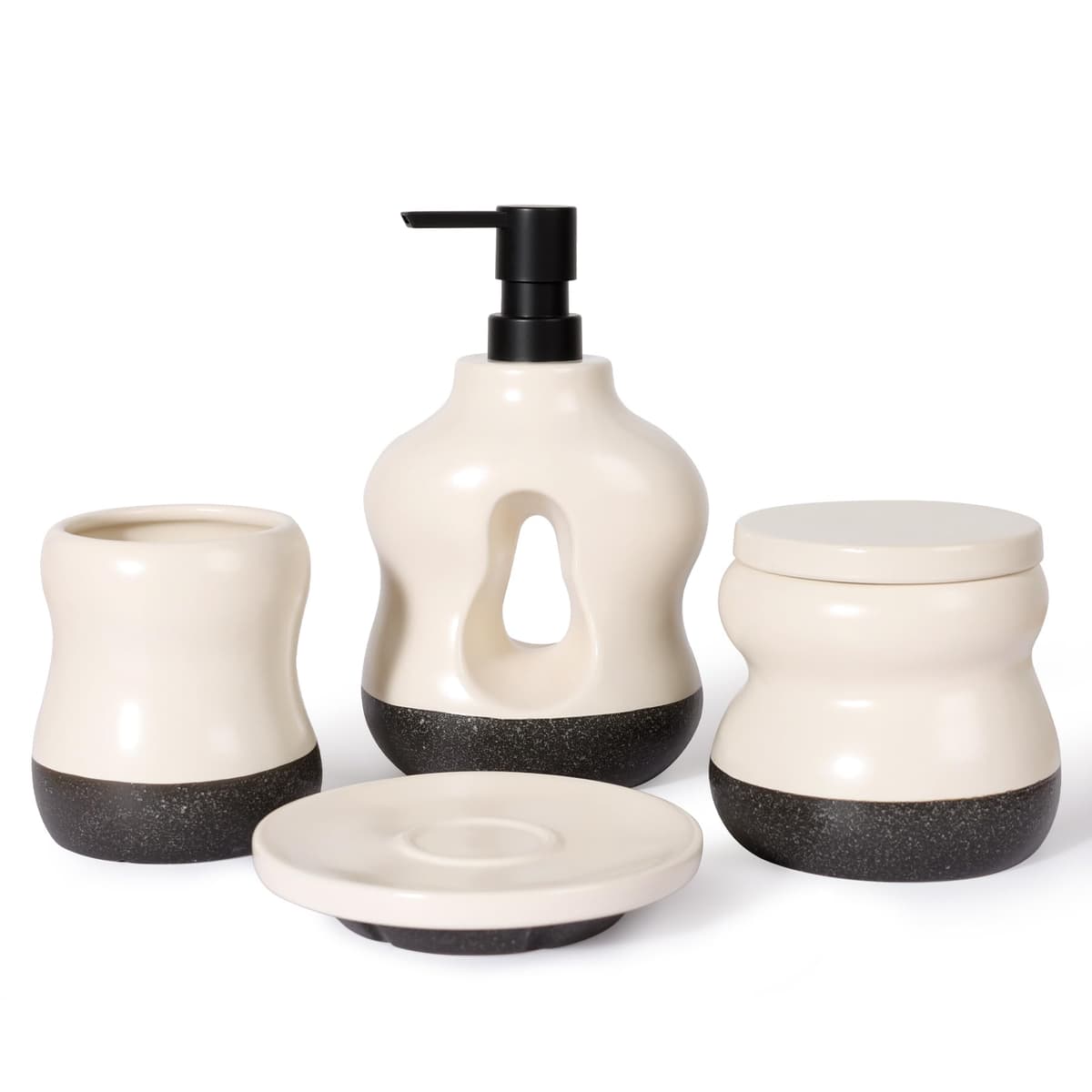 BosilunLife Set baie ceramic 4 piese cu dispenser săpun, pahar periuță (bej)