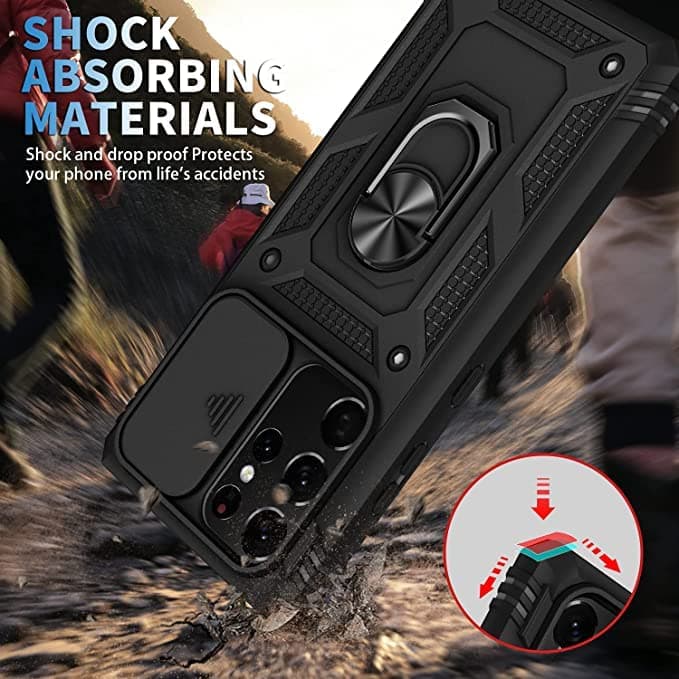Whyzshiyi husă Samsung Galaxy S21 Ultra cu protecție cameră capac glisant, husă militară cu suport inel - negru