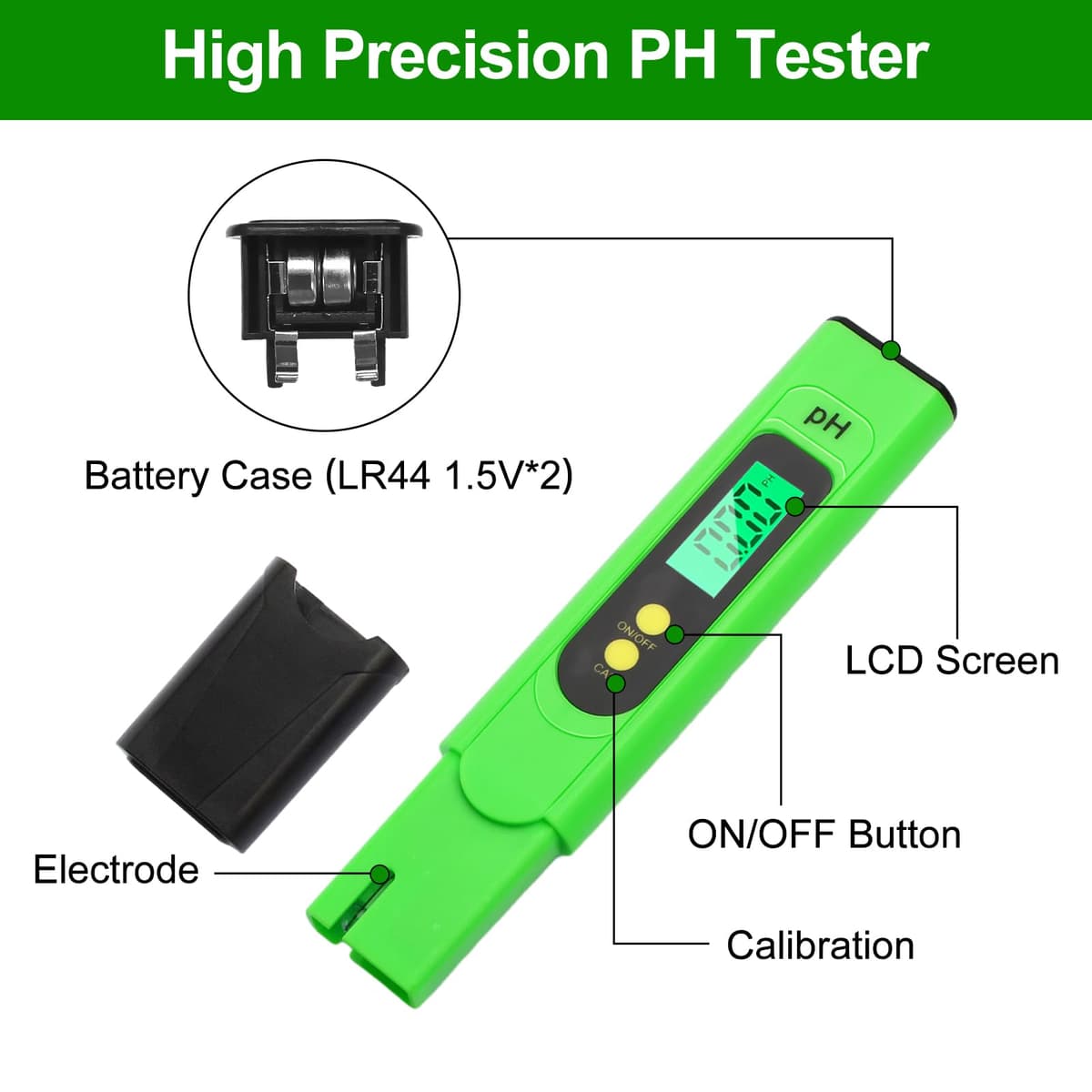 Aideepen pH metru digital, 0-14 gamă măsurare, 0.01 precizie, tester apă cu LCD backlight acvariu iaz piscină, cu pudră calibrare