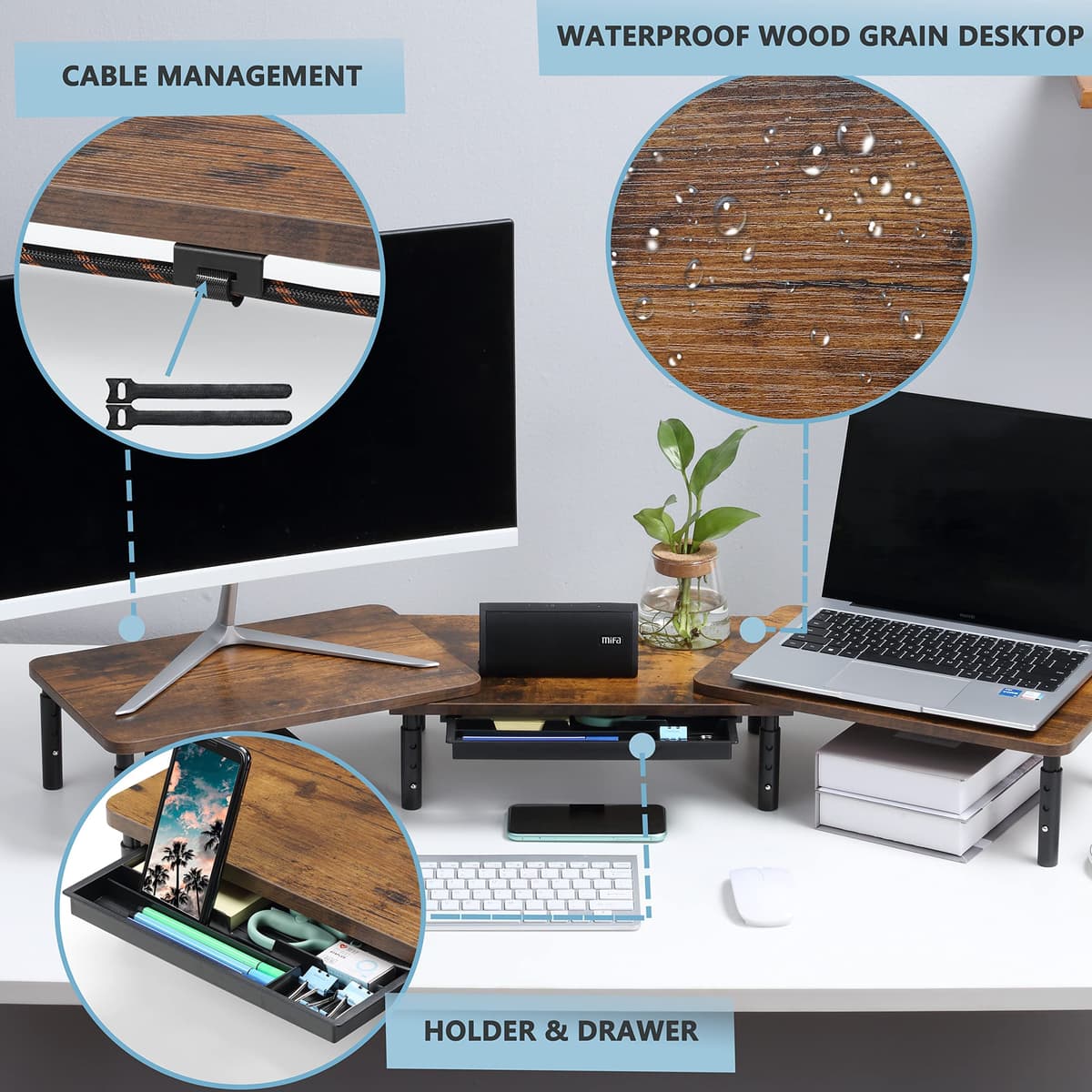 ETHU suport monitor dual, suport dublu monitor reglabil lungime unghi cu suport telefon sertar