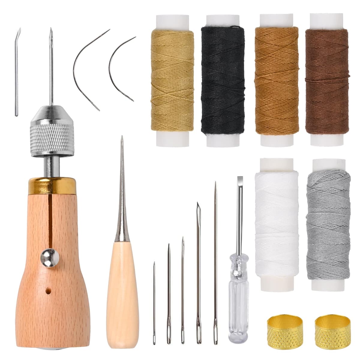 Set 19 piese sculă șilă kit cusut piele cu ac și ață – Multicolor
