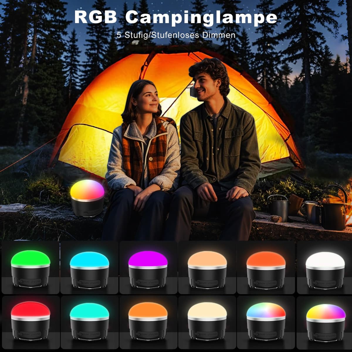 Lampă LED Camping Reîncărcabilă - Lampă Portabilă Cort cu Baterie 4000mAh, 12 Moduri Lumină RGB, Bază Magnetică, IP65 Rezistentă la Apă