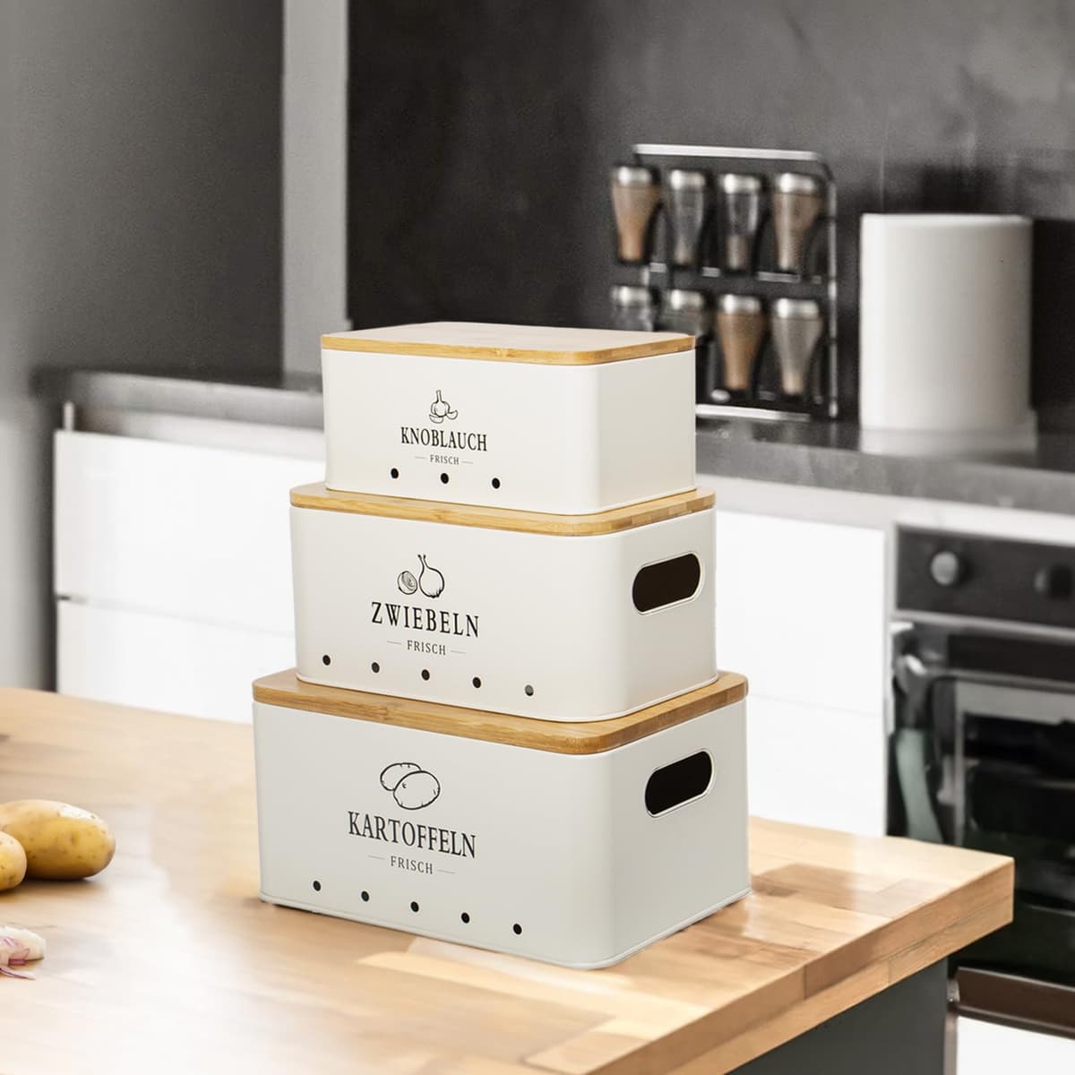 Theo&Cleo cutie depozitare cartofi, set containere 3 bucăți, depozitare bucătărie cartofi, ceapă și usturoi, păstrează proaspăt mai mult timp (bej mat)