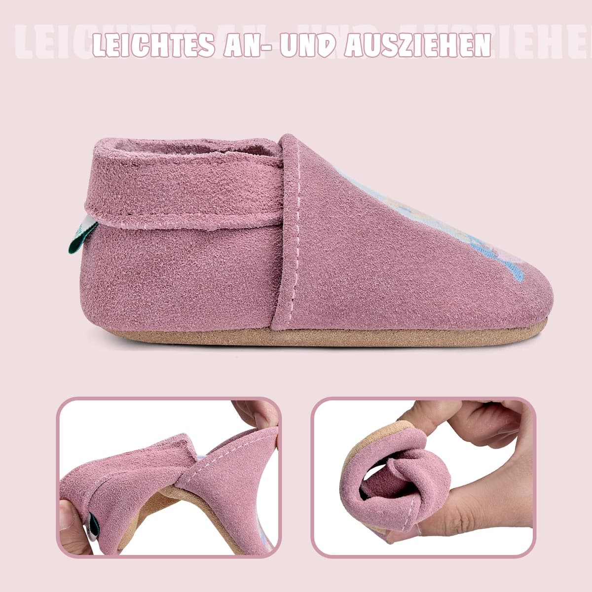 Pantofi bebeluși primi pași piele moale talpă întoarsă – roz 6-12 luni