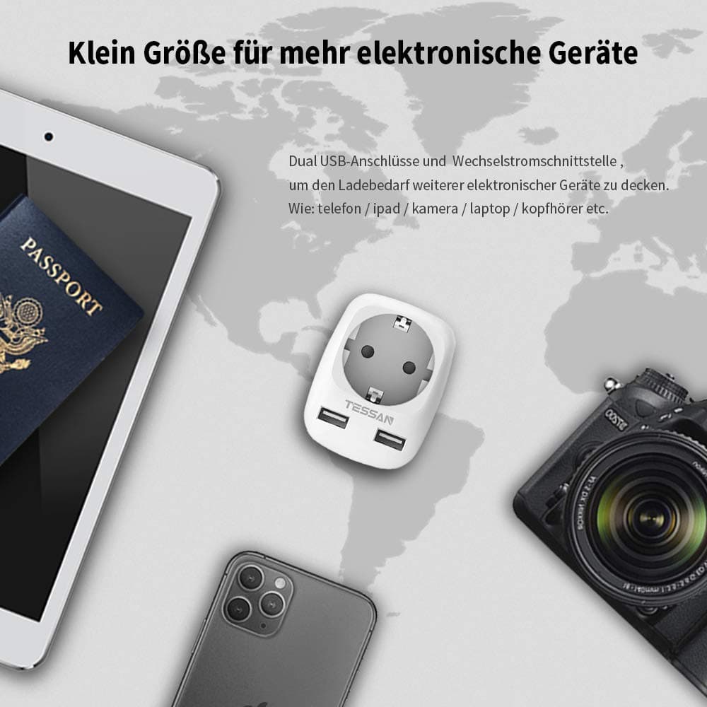 TESSAN 2 adaptoare călătorie UK Anglia Germania cu 2 USB, priză adaptoare încărcător perete