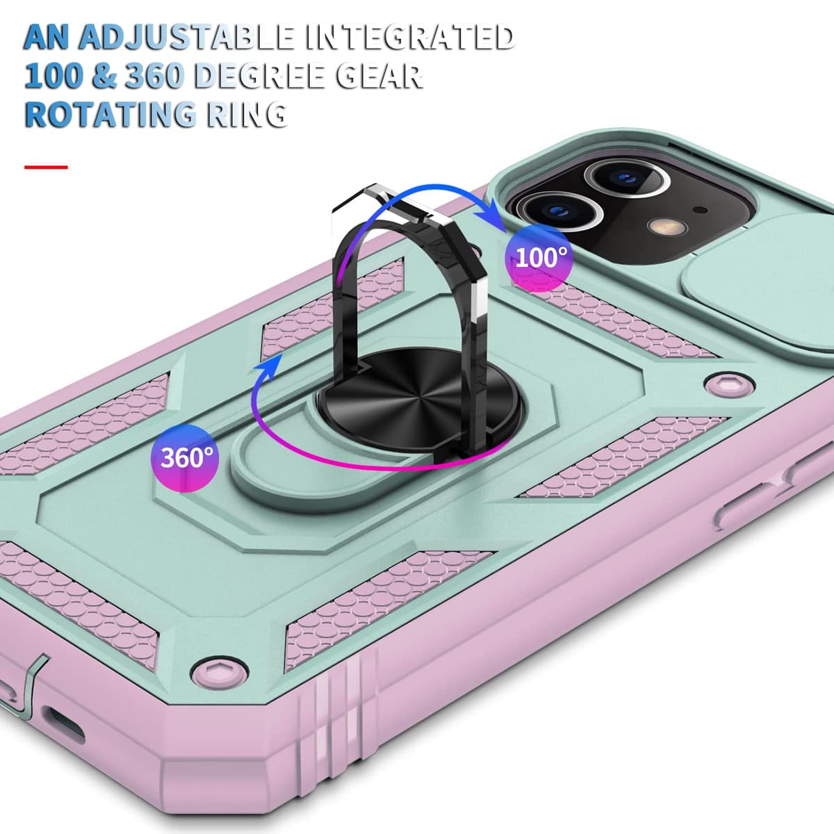 Whyzshiyi husă iPhone 12 cu protecție cameră capac glisant, husă militară anti-șoc cu suport inel - roz