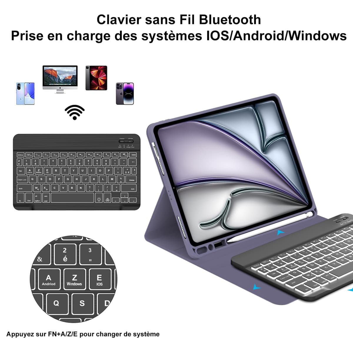 JADEMALL husă cu tastatură iPad Air 11 inch retroiluminată franceză AZERTY – violet