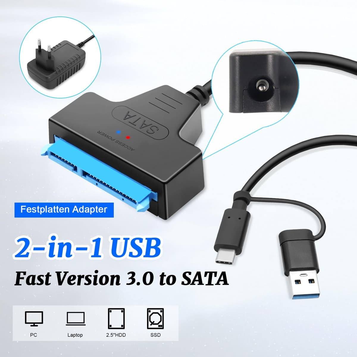 Adaptor Wowfast SATA USB, pentru HDD externe și interne 2.5 & 3.5 SSD/HDD SATA la USB cu alimentare 12V 2A