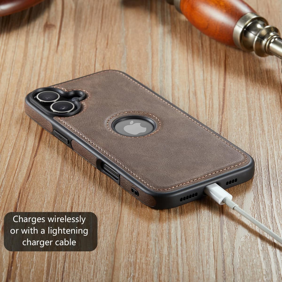 Husă Piele iPhone 16 Încărcare Wireless Compatibil, Piele Vegan Premium – Gri