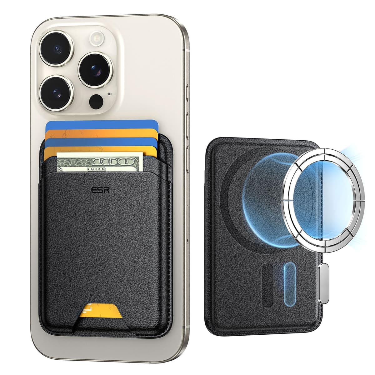 ESR pentru MagSafe Portofel, 5 Sloturi Carduri, Portofel iPhone cu Putere Magnetică 3200g, Piele Vegană, pentru iPhone 16/15/14/13/12 Negru