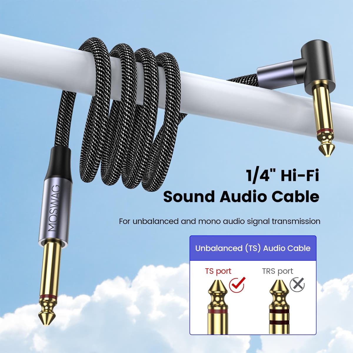 MOSWAG Cablu chitară electrică 3M, 90 grade bass AMP 6.35mm TS compatibil amplificator