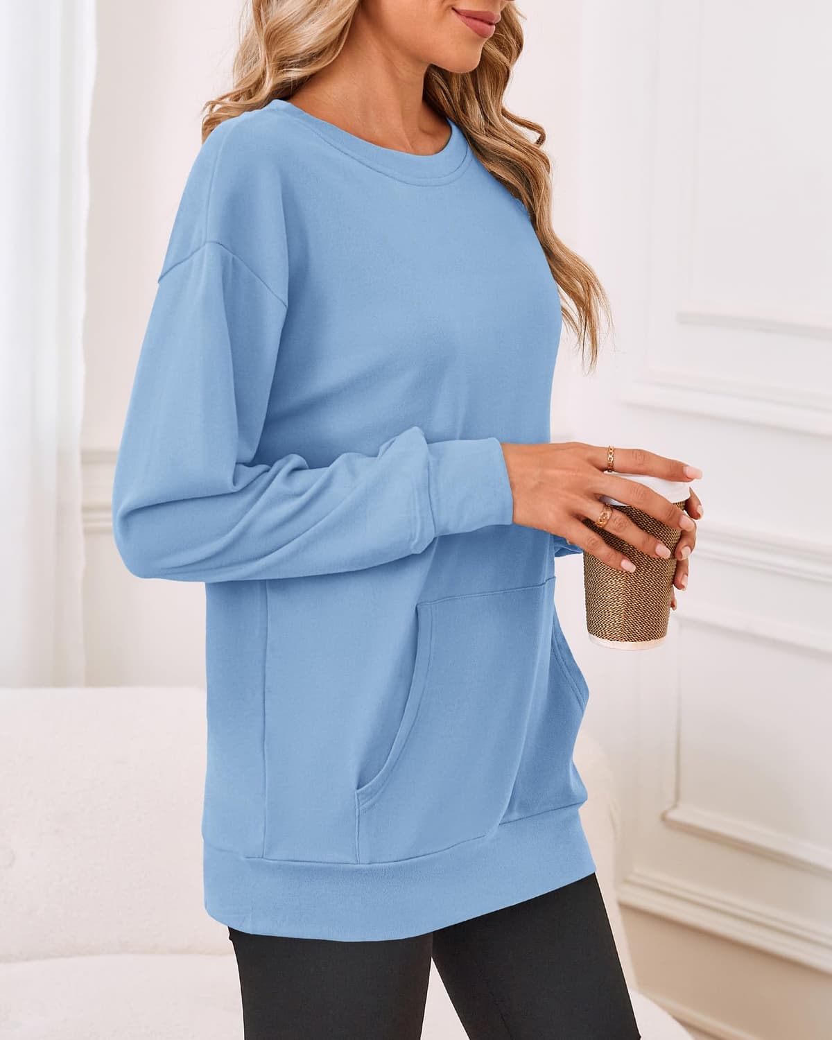 PLOKNRD bluză femei mâneci lungi guler rotund cu buzunare - albastru deschis XL