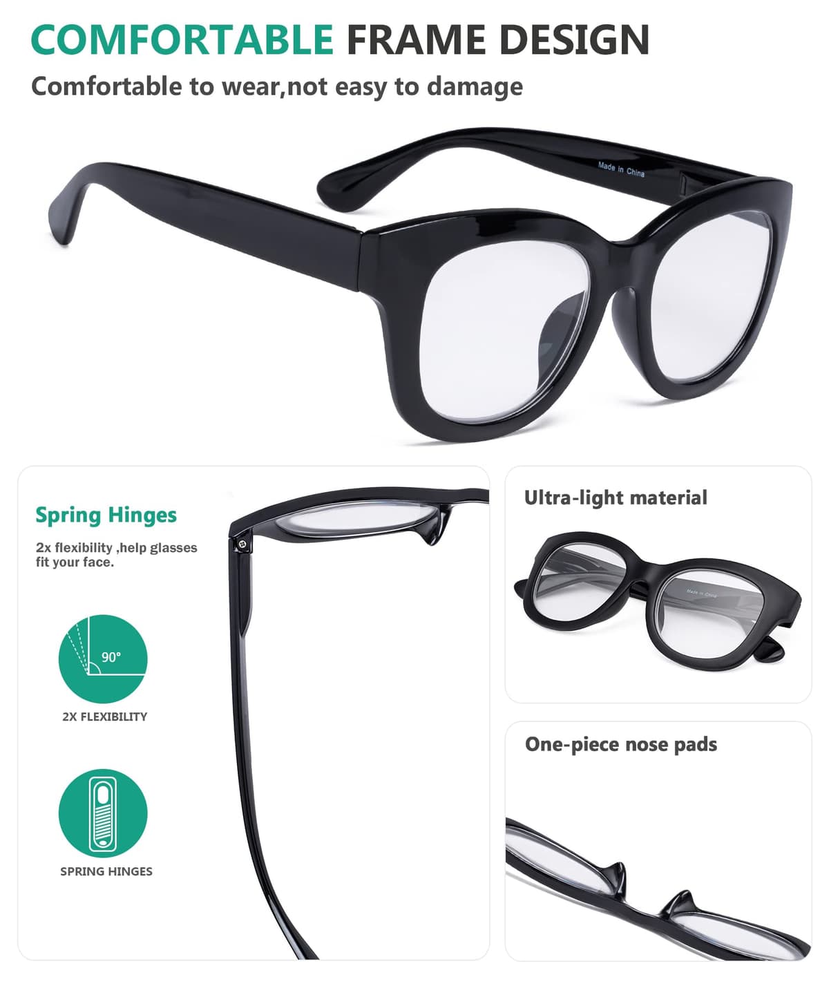 Ochelari citit supradimensionați stil retro pentru femei – negru +2.75