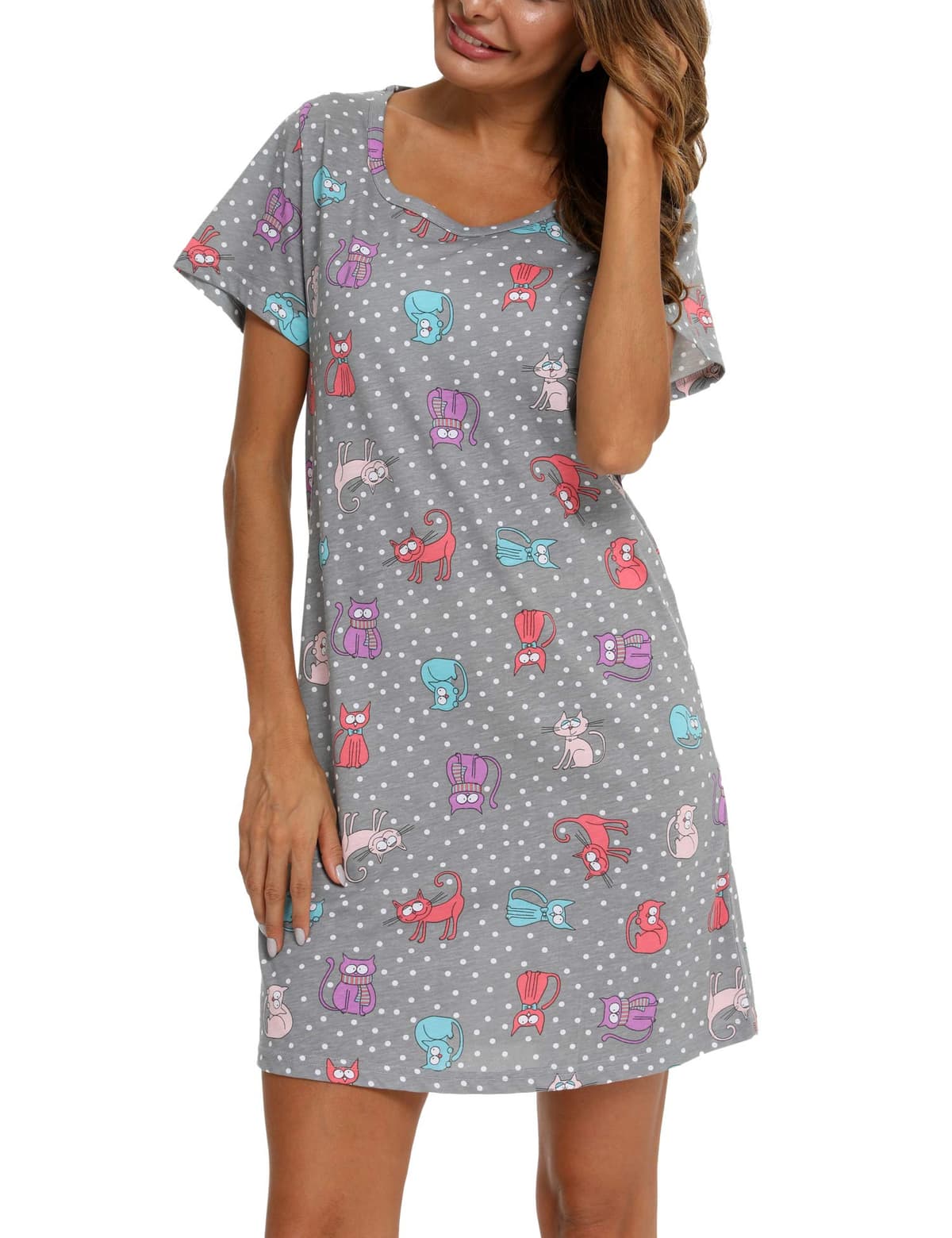 Cămașă de noapte din bumbac cu mâneci scurte pentru femei, moale de vară - pisică gri Large