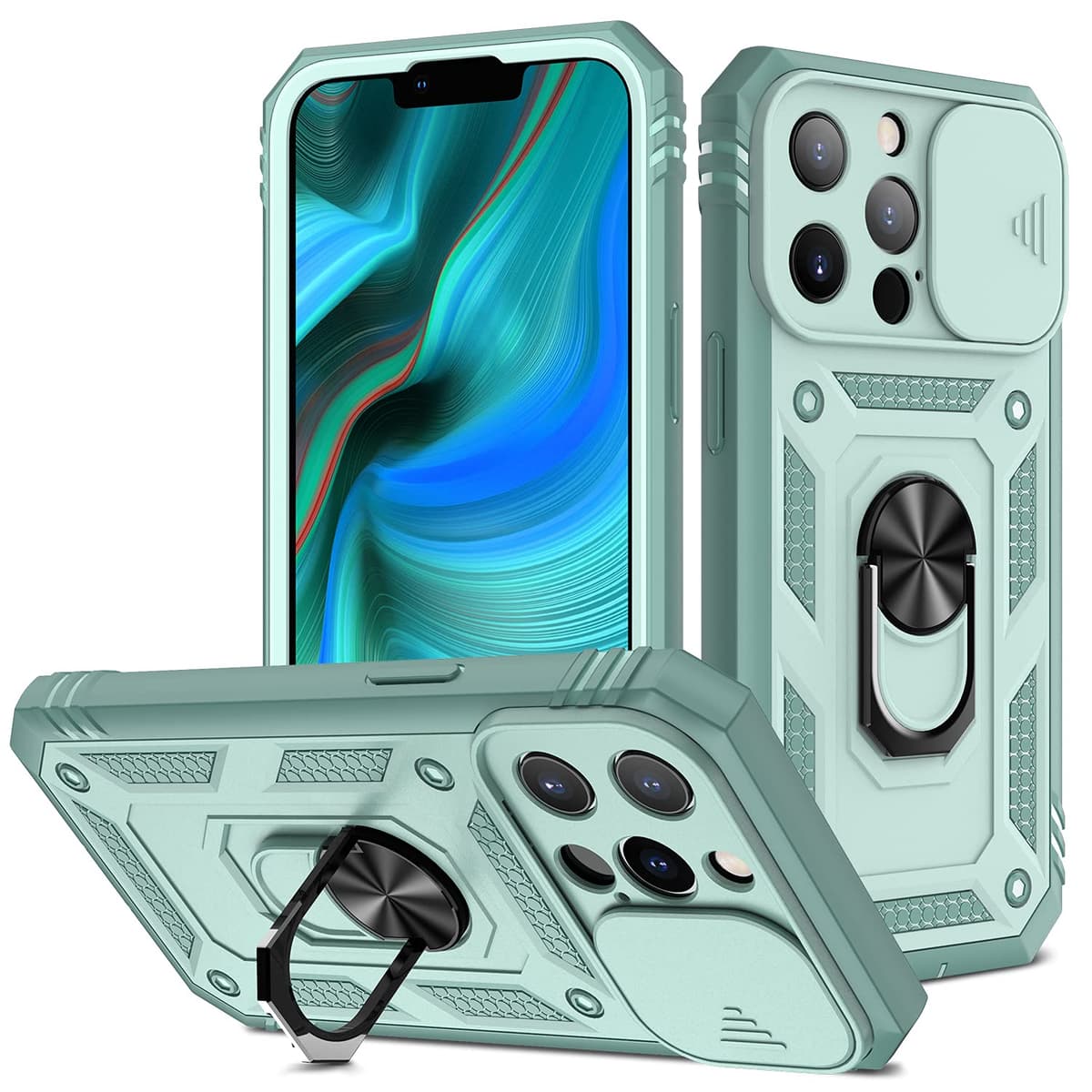 Whyzshiyi husă iPhone 13 Pro max cu protecție cameră capac glisant, husă protectoare militară anti-șoc cu suport inel - verde