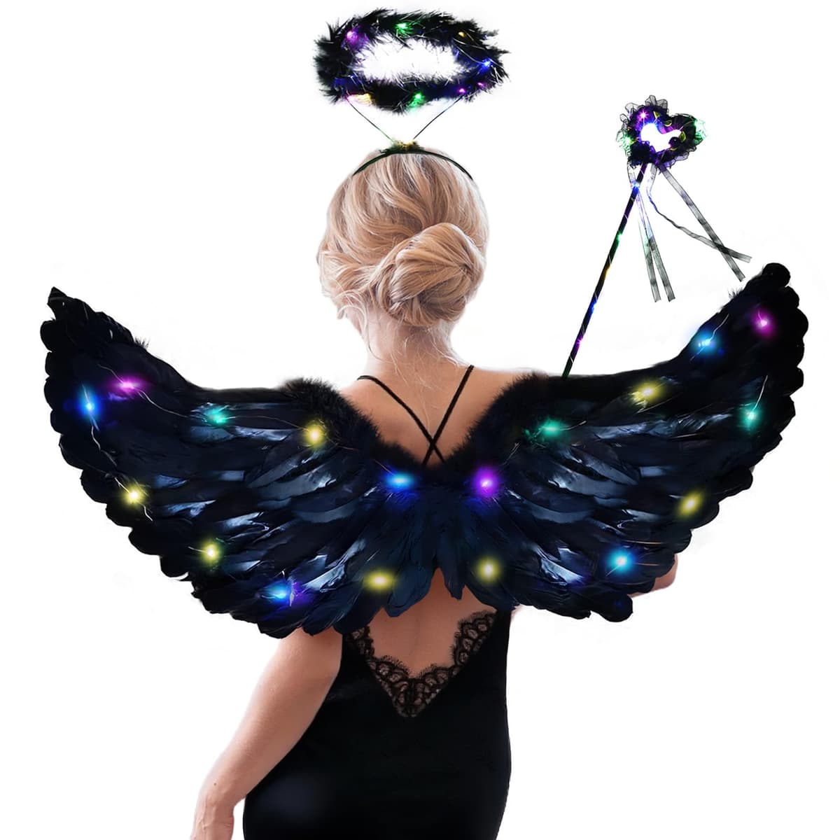 Aripi înger luminoase cu LED și aureolă pentru costum femei – Negru