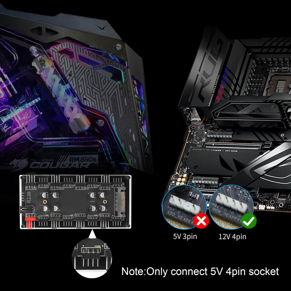 YACSEJAO Hub Ventilator Carcasă, Controller 12V 4Pin PWM + RGB 2în1 cu Alimentare SATA