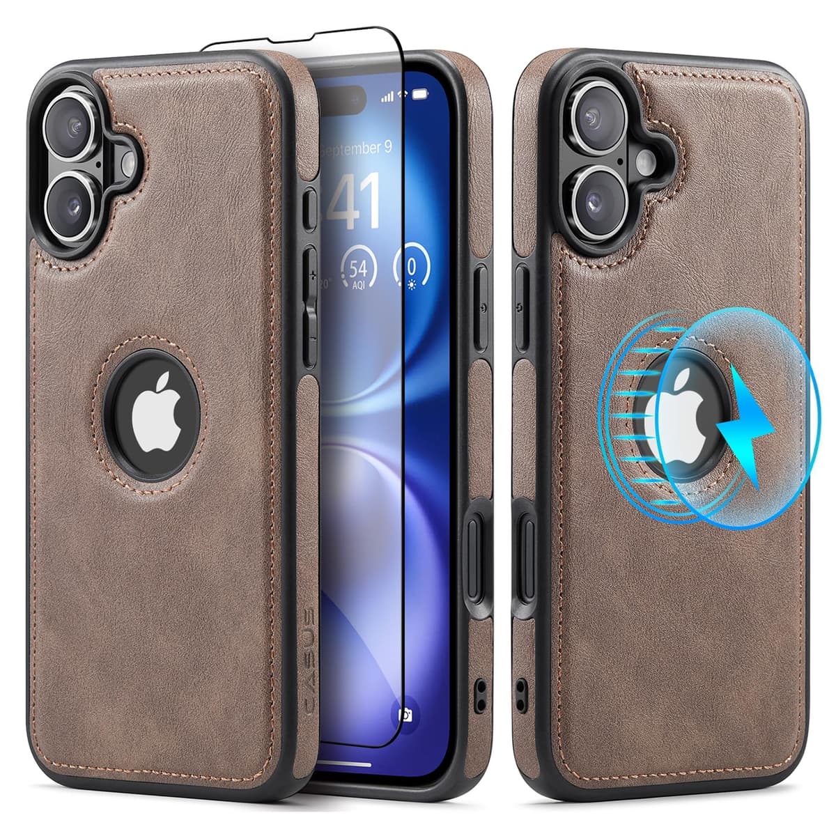 Husă Piele iPhone 16 Încărcare Wireless Compatibil, Piele Vegan Premium – Gri