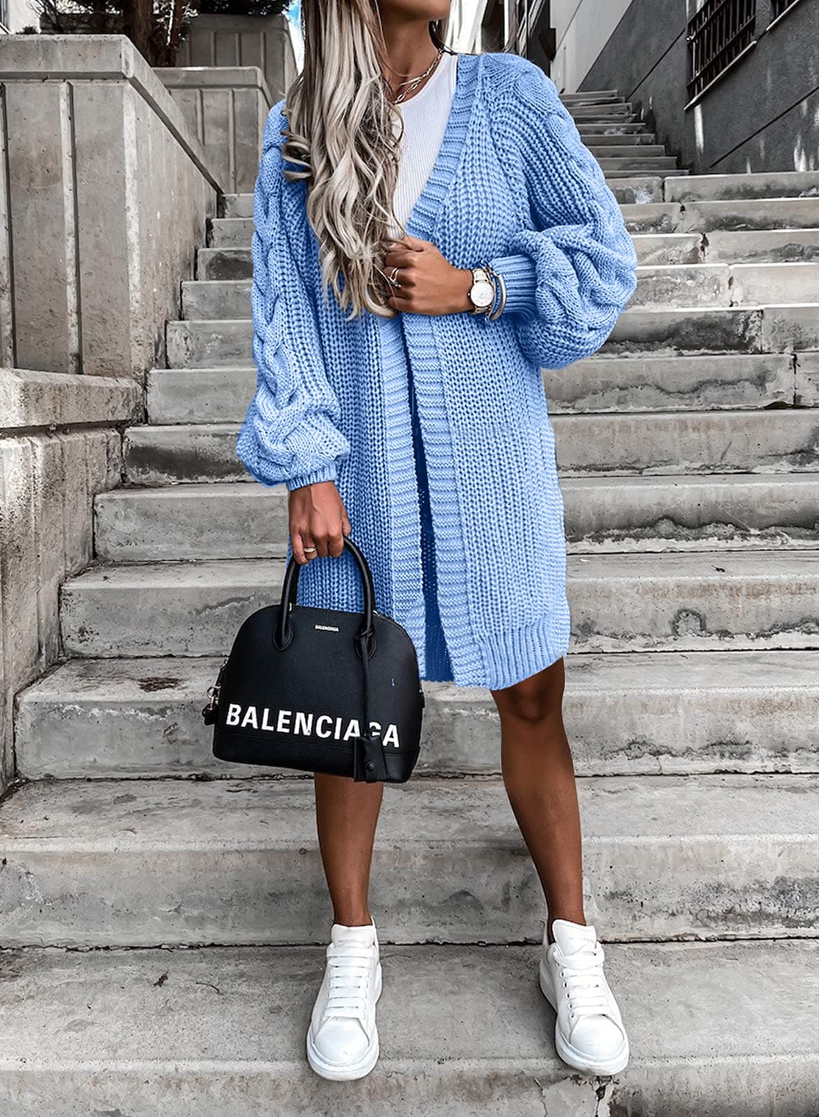 Cardigan Lung Femei Pulover Tricotat Gros Palton Toamnă/Iarnă – Albastru Cer L