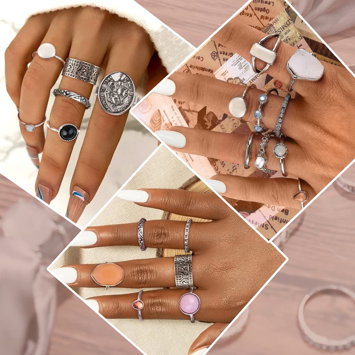 Set inele cristal vintage 70 piese boem suprapozabile – Argintiu