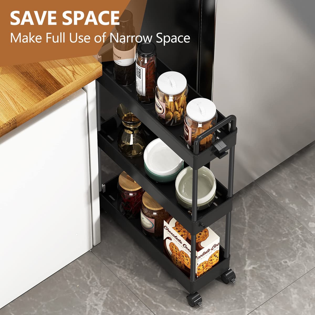 SOLEJAZZ cărucior bucătărie 3 niveluri pe roți pentru spații înguste, plastic cu mânere 13x40x61cm negru