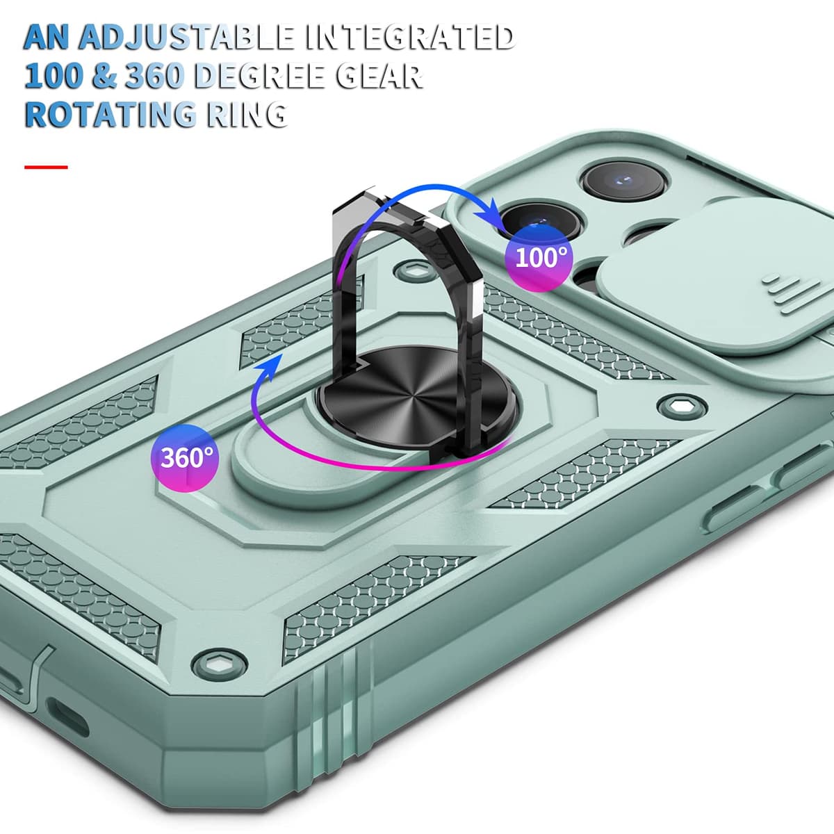Whyzshiyi husă iPhone 13 Pro max cu protecție cameră capac glisant, husă protectoare militară anti-șoc cu suport inel - verde